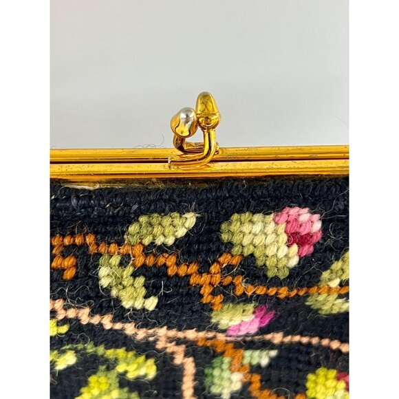 VTG 1960s Crewel Handbag/Purse/Needlepoint/X-Stitch/Embroidered Black w-Flowers - Picture 3 of 9